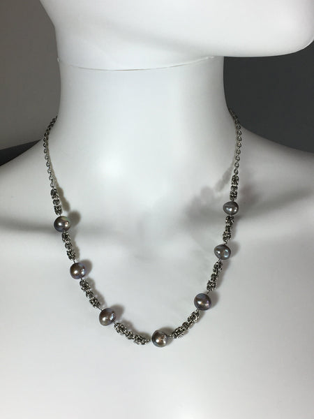 Stainless Steel Necklace with Grey Freshwater Pearls