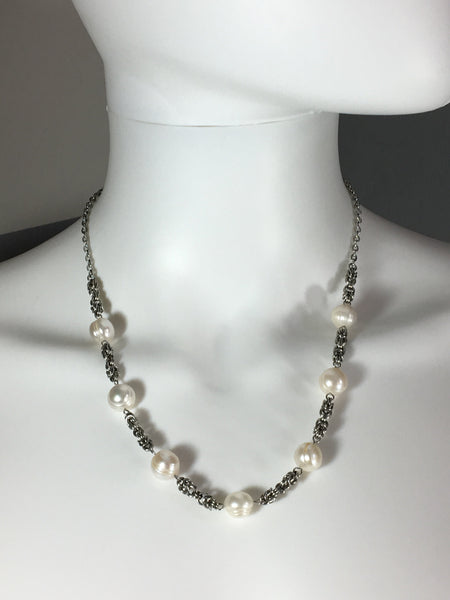 Stainless Steel Necklace with White Freshwater Pearls