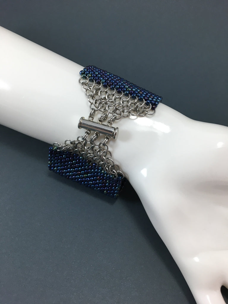 Blue Iris Glass Bead and Chainmail Cuff Bracelet