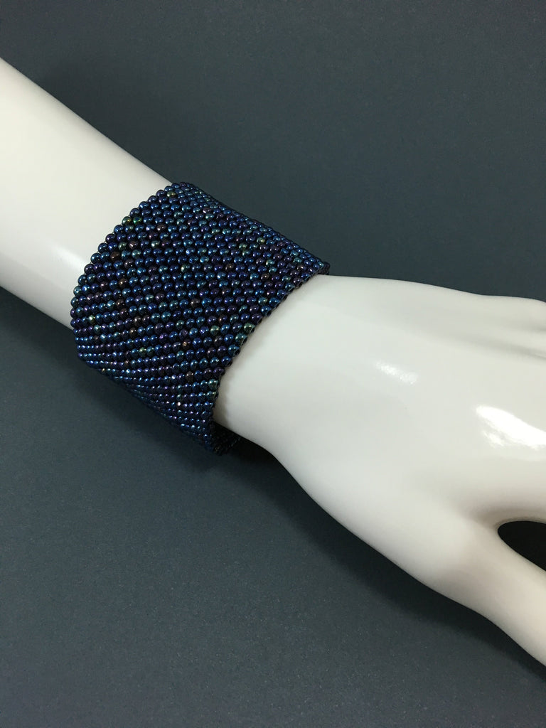 Blue Iris Glass Bead and Chainmail Cuff Bracelet
